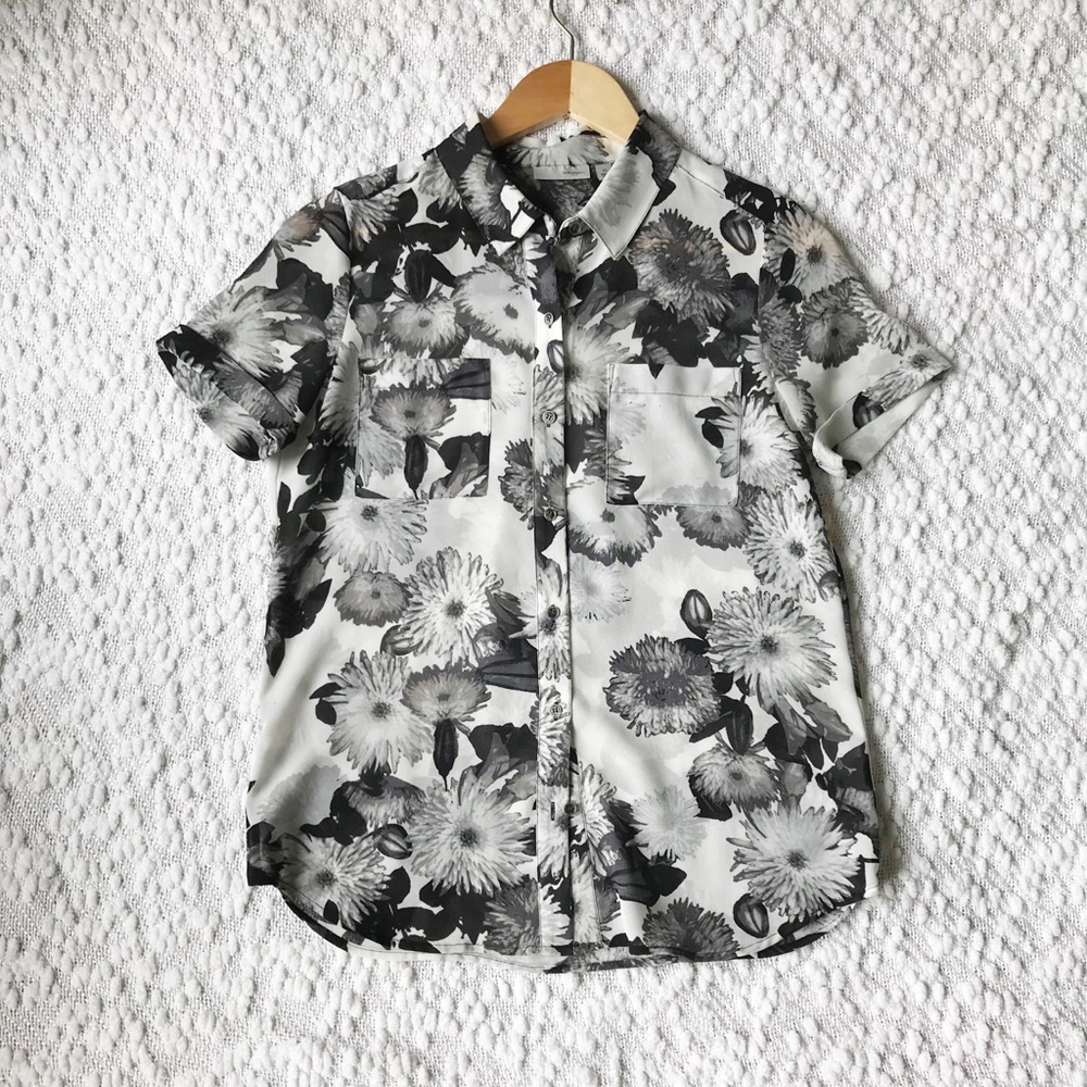 Halogen Floral Button Up Short Sleeve Collar Shirt White Black XS